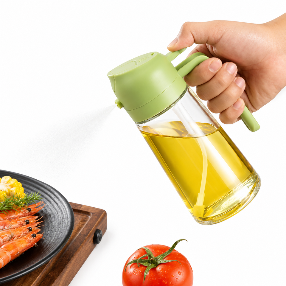 2-in-1 Oil Spray Bottle | Adjustable Mist & Dispenser | 470ml Leak-Proof Glass Container | For Cooking, BBQ, Baking & Air Fryer 380ml